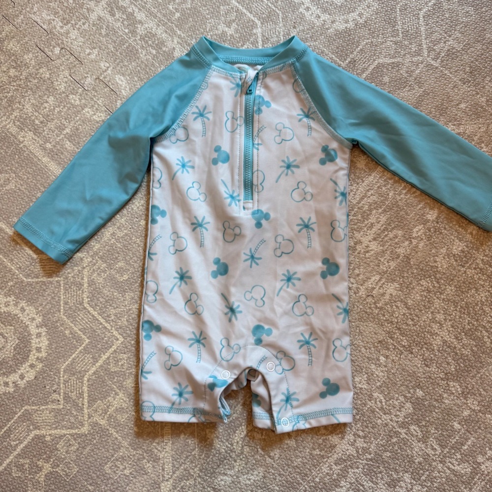 Disney Baby Rash Guard Swimsuit Kids 12M Blue Mickey Mouse Palm Tree One Piece